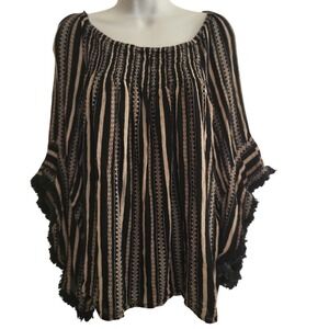 Studio West Black Tan Striped‎ Loose Flowy Rayon Fringe Top Women 1X Boho retro